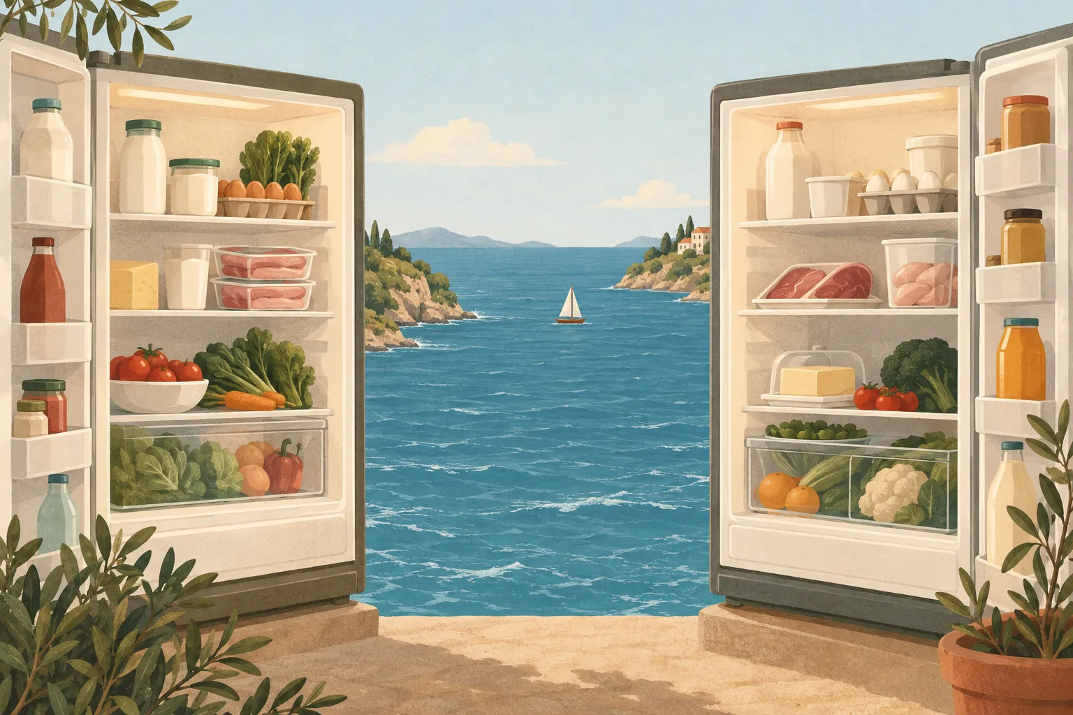 Two stocked refrigerators on either side of an ocean, standing for US and UK date label rules