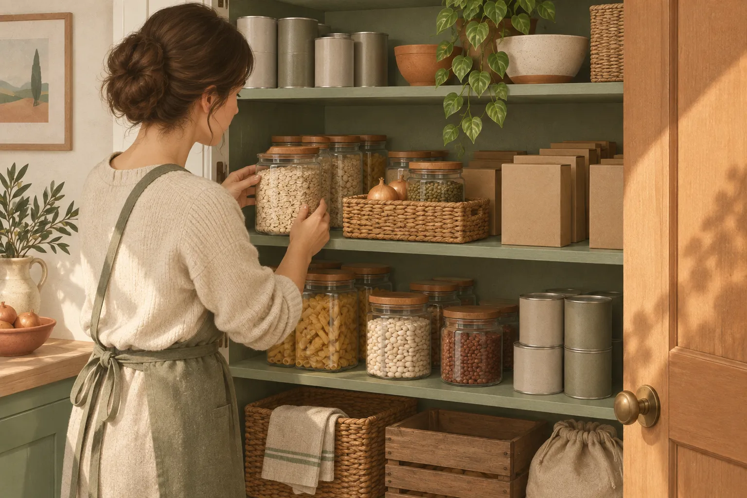 Pantry shelf with older jars moved to the front and a basket marking the use-first spot
