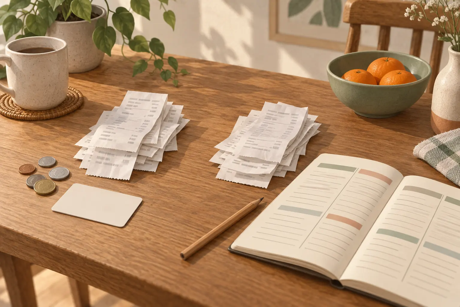 Two piles of grocery receipts on a table, one beside coins and a gift card, the other beside a notebook ruled into spending categories