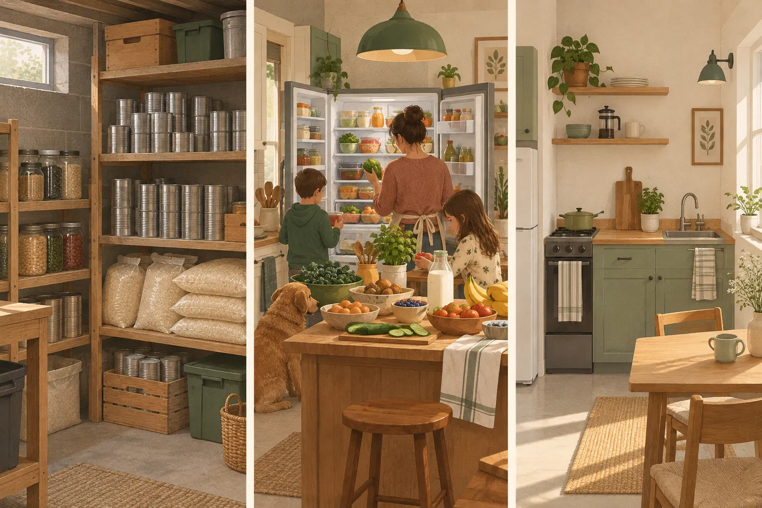 Three kitchens side by side: a bulk stockpile shelf, a busy family kitchen and a small studio kitchen