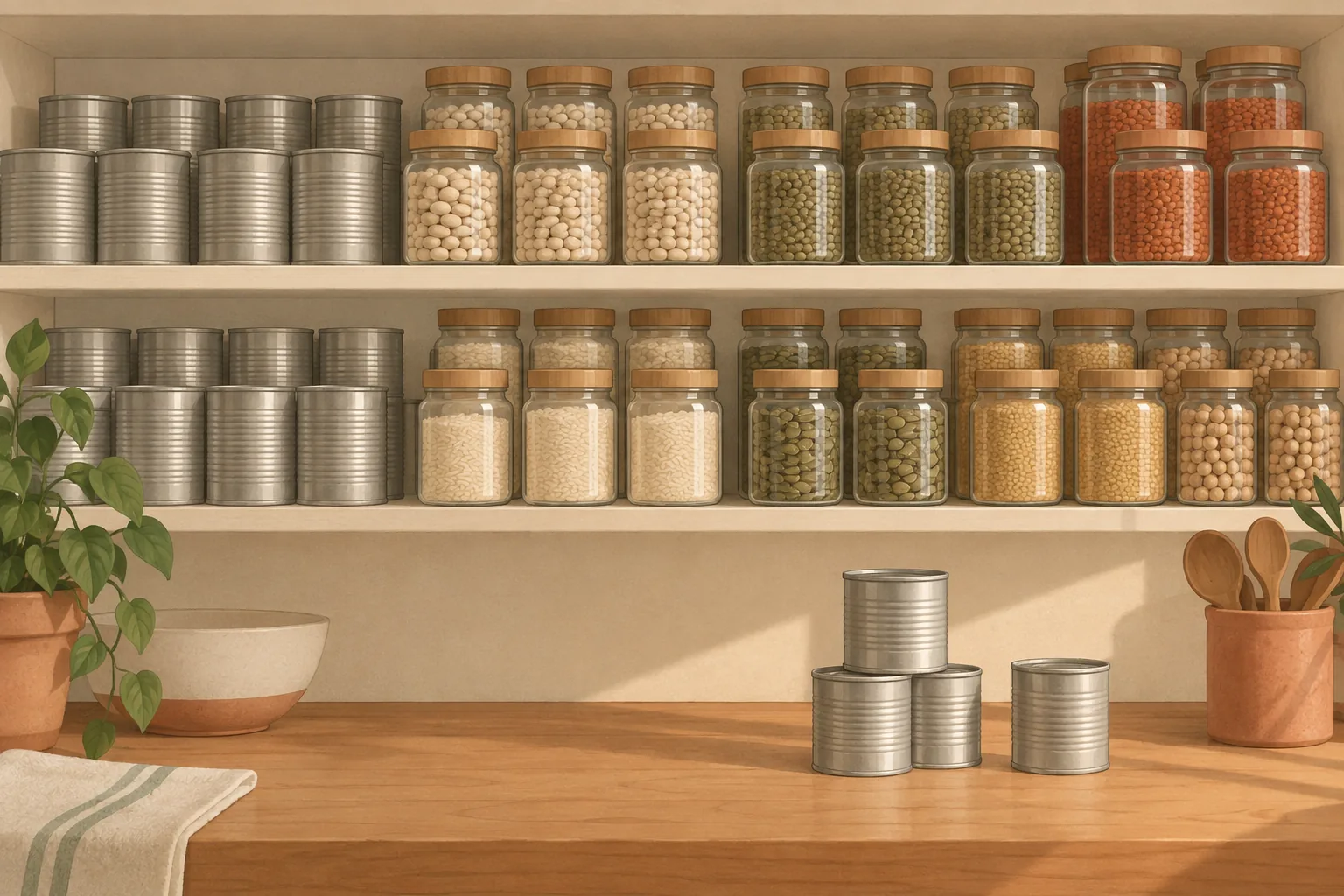 Rows of plain cans and jars on a pantry shelf, with a few cans set aside on the counter below