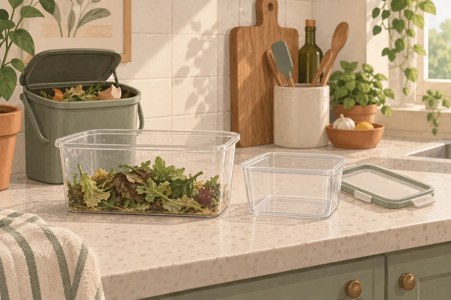 A large tub of salad leaves gone limp at the bottom next to an empty small clamshell, on a kitchen counter