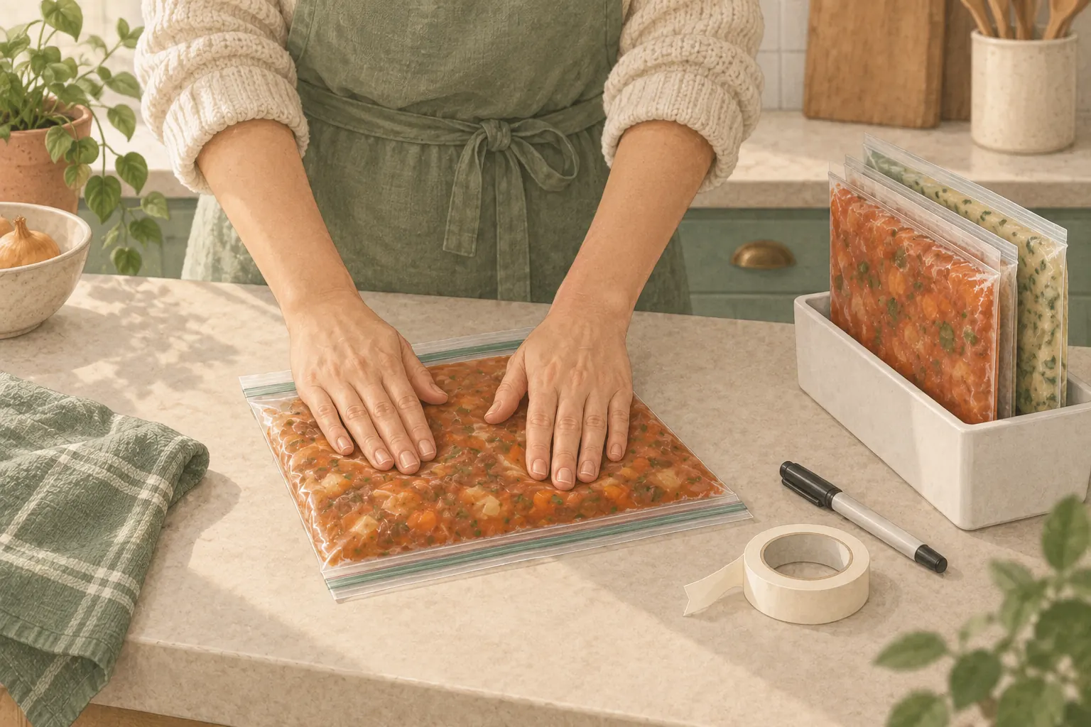 Two hands pressing the air out of a flat freezer bag of stew on a counter, with a marker, masking tape and a tray of frozen flat bags standing upright beside it