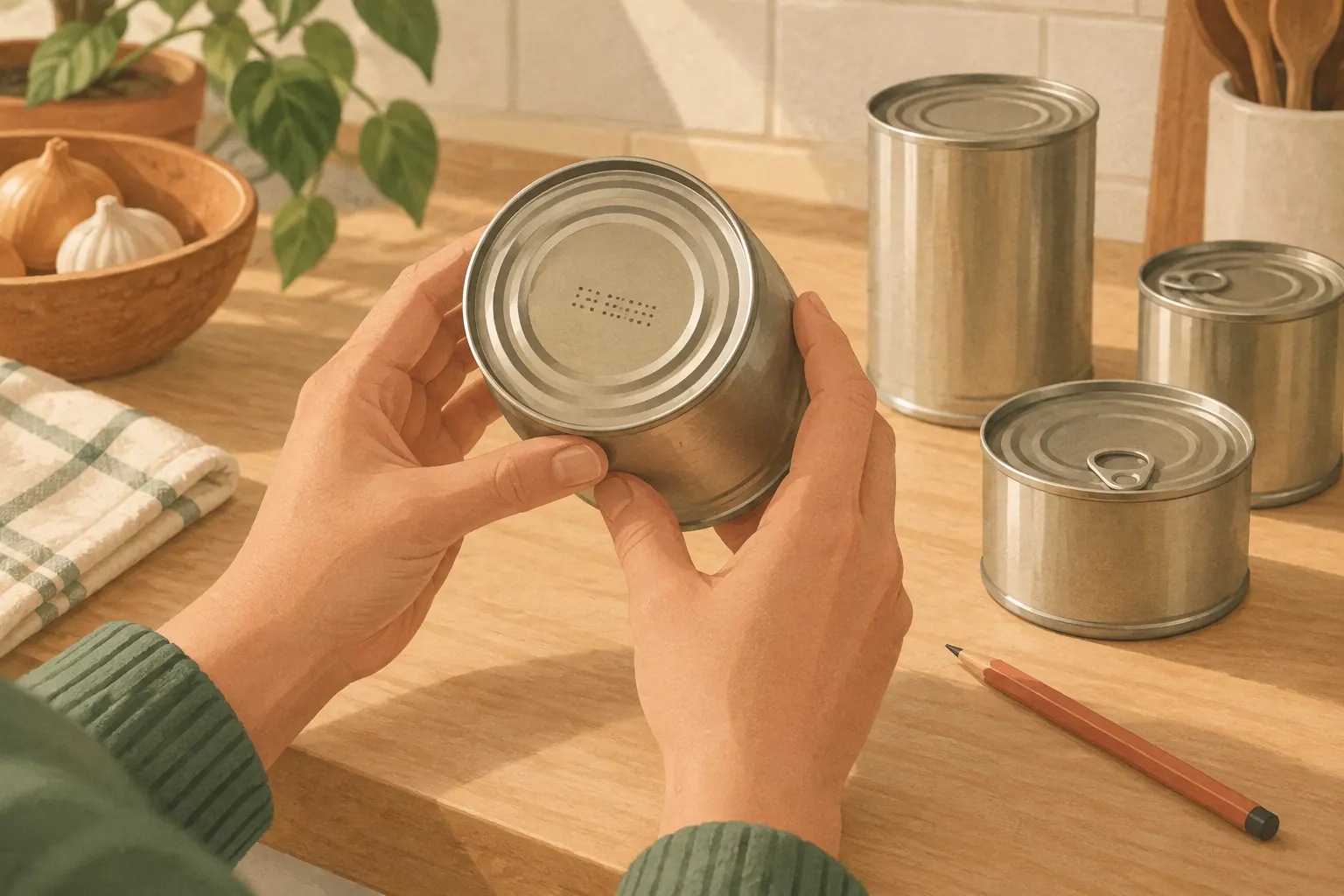 Hands turning over a can to read the stamped code on its base, with a few other cans and a pencil on a wooden counter