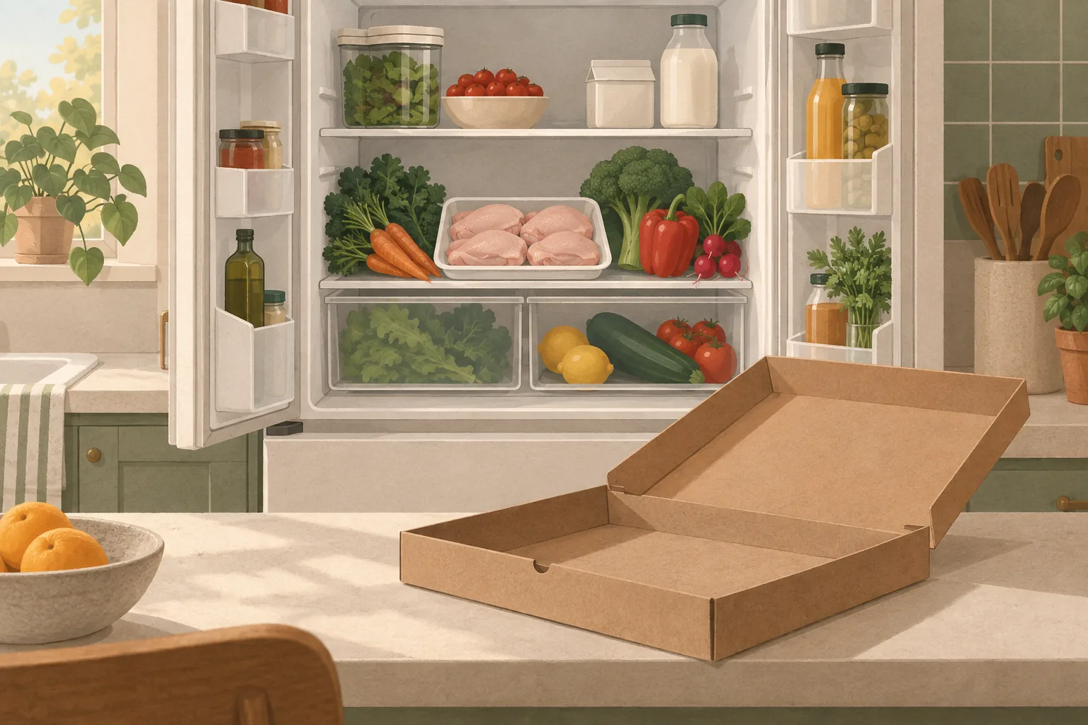 An open fridge with a tray of raw chicken and fresh vegetables, and an empty pizza box on the counter in front of it