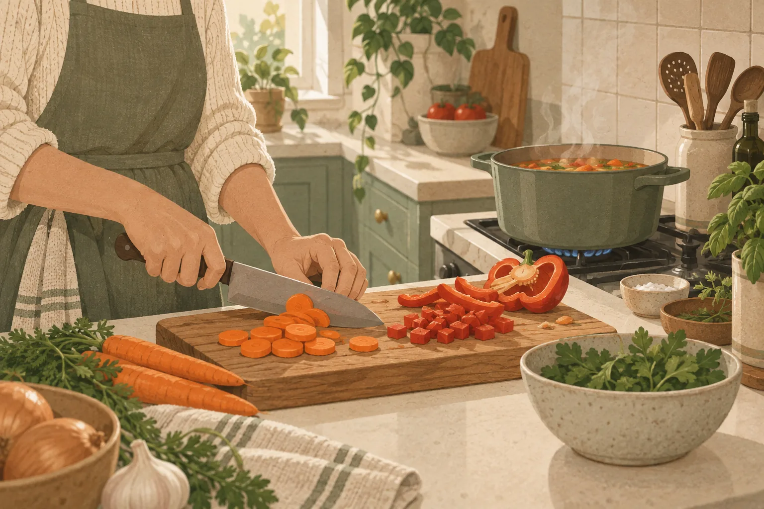 Hands chopping vegetables on a wooden board beside a pot on the stove in a small home kitchen