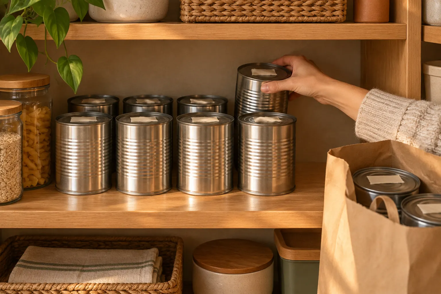 Hands placing a newly bought can at the back of a pantry shelf while older cans sit at the front, first in, first out
