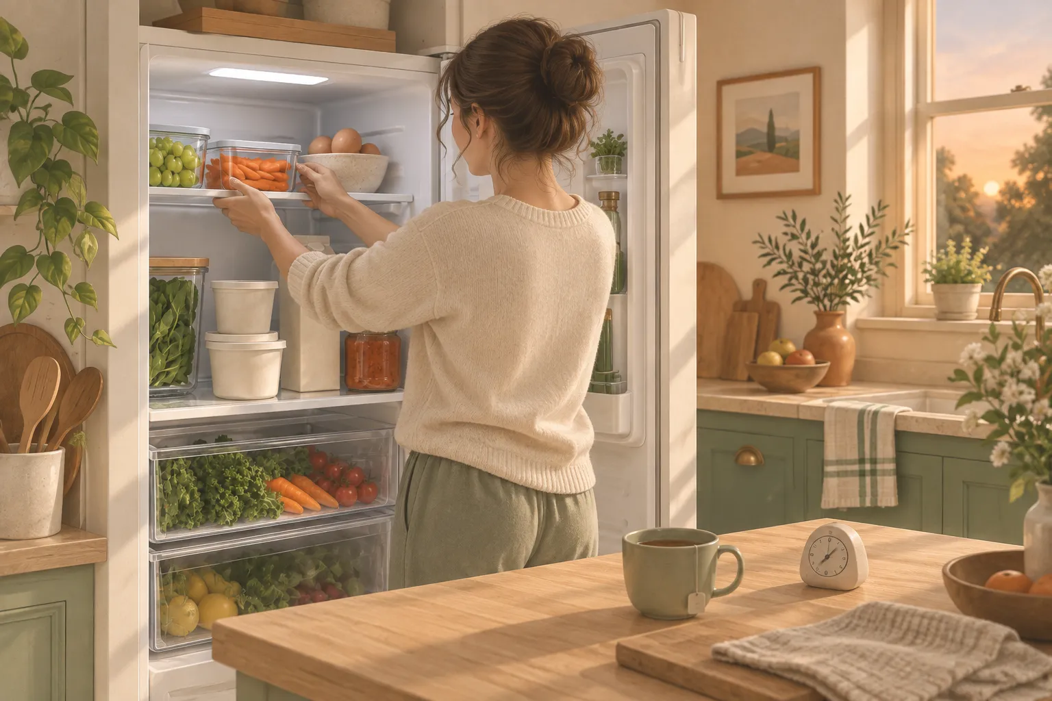 Person moving food to the front of the fridge during a weekly check, with a kitchen timer on the counter