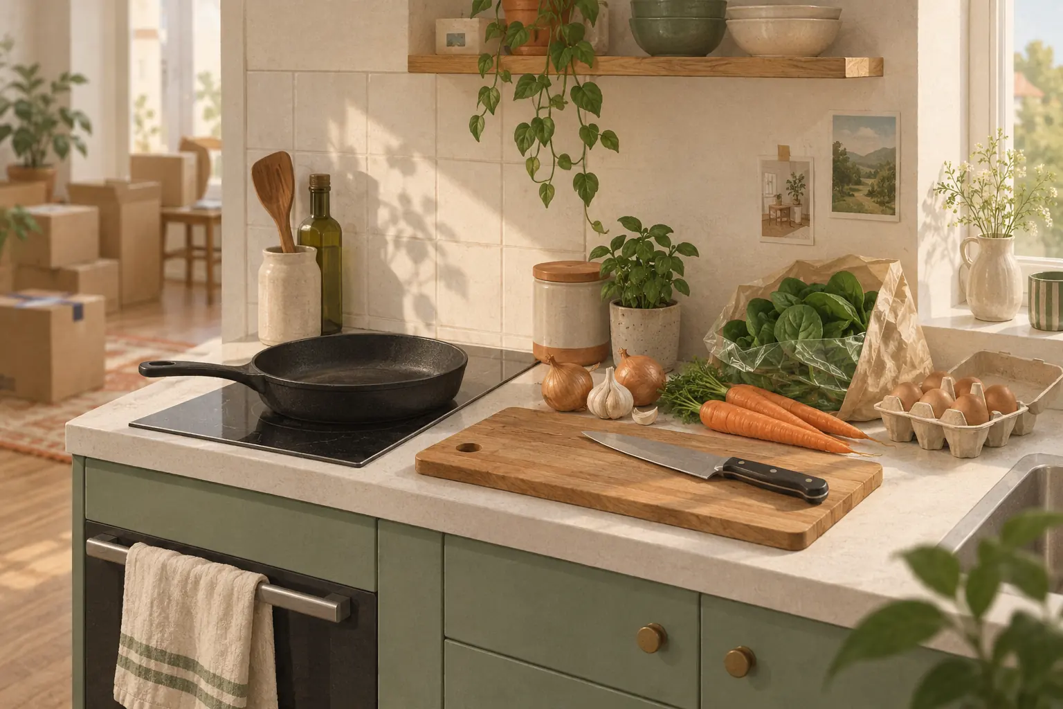 A few fresh groceries on a small kitchen counter next to a single pan and a cutting board, in a newly unpacked kitchen