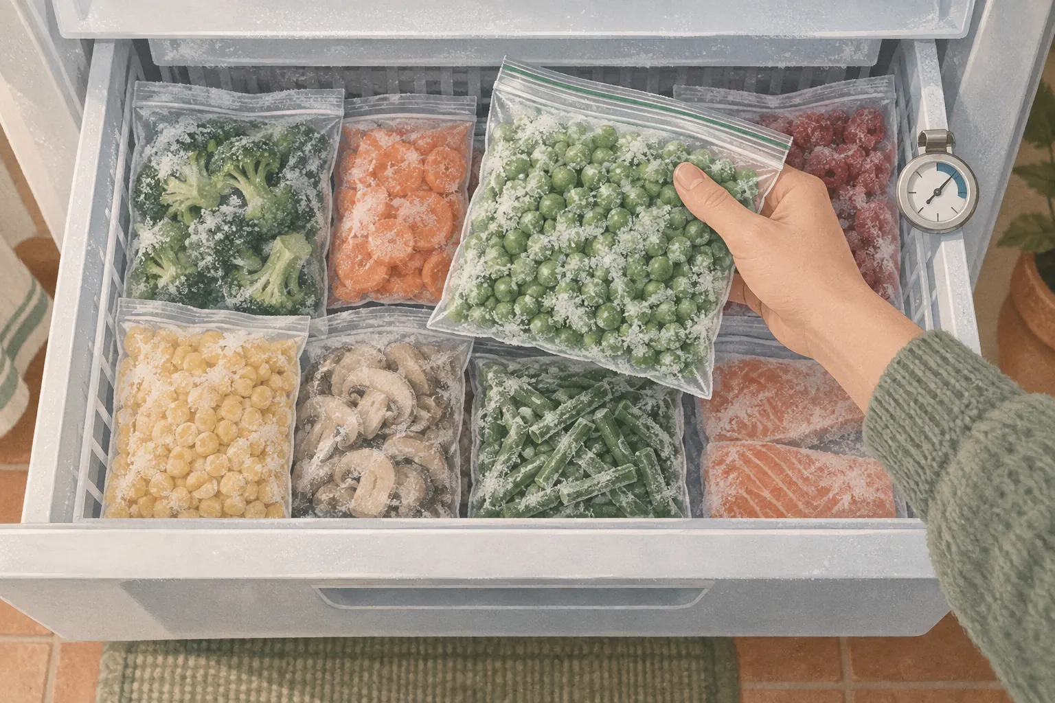 An open freezer drawer of bagged frozen vegetables and salmon seen from above, a hand lifting a bag of peas covered in ice crystals, an appliance thermometer clipped to the drawer edge