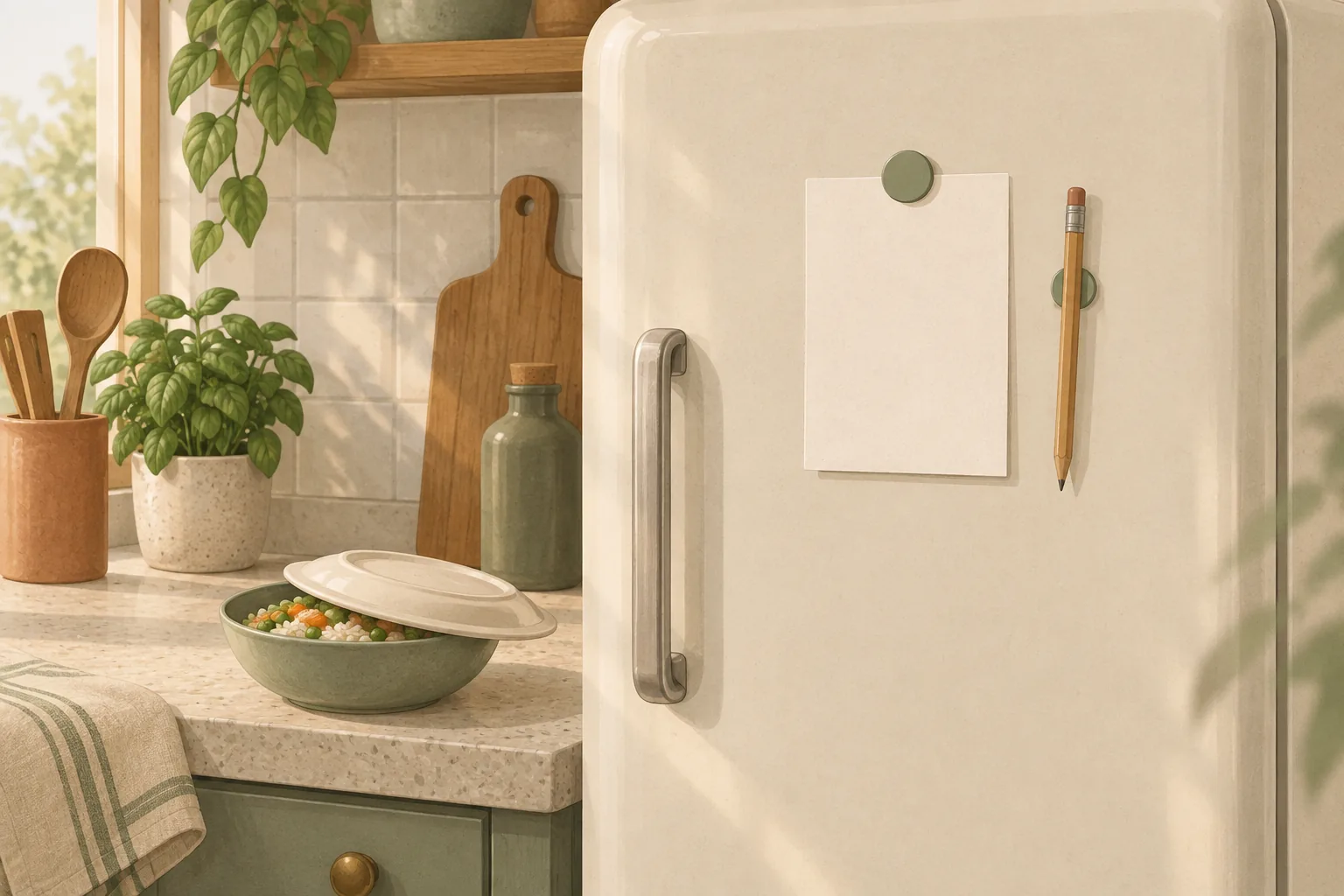 A blank note and a pencil held by magnets on a fridge door, beside a half-covered bowl of leftover rice on the counter