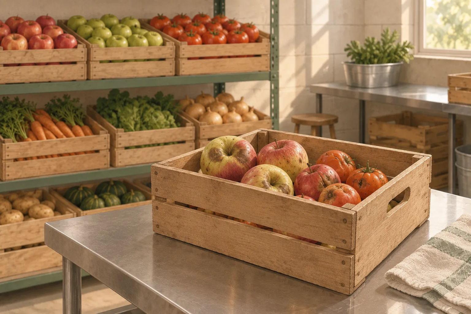 A wooden crate of bruised apples and blemished tomatoes set aside in the back room of a grocery store