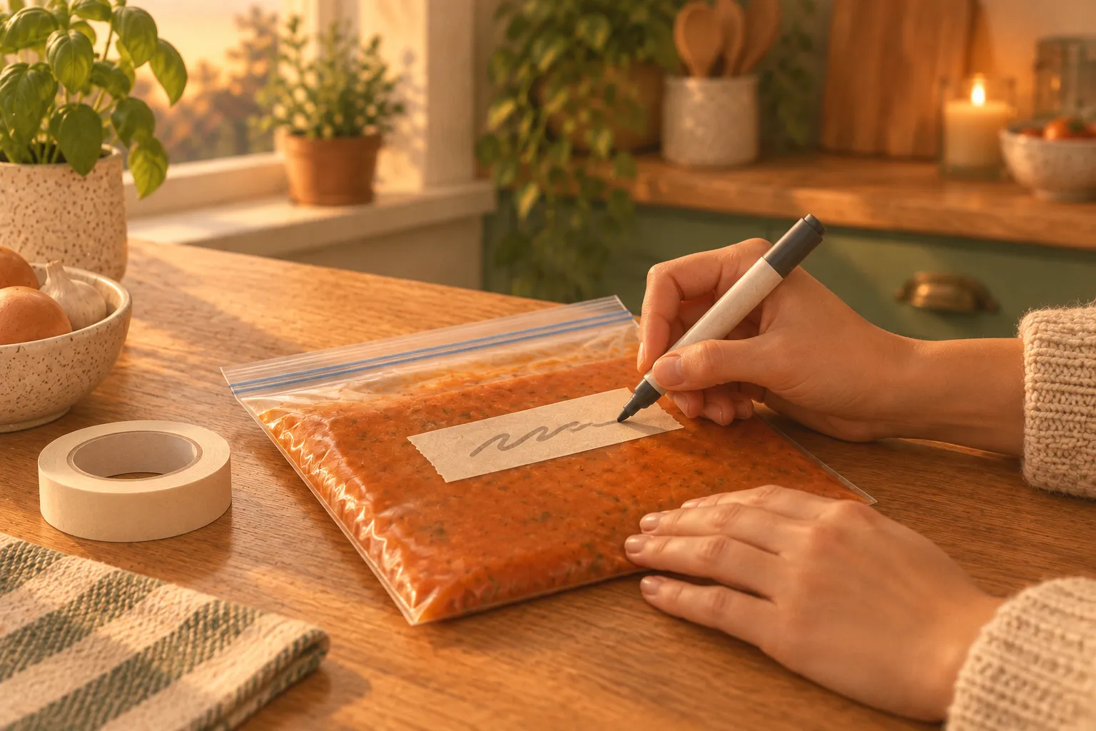 Hands labeling a flat freezer bag of soup with masking tape and a marker