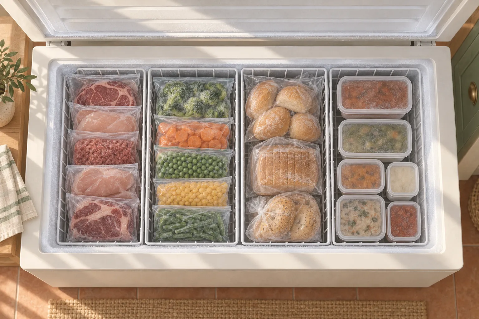 Chest freezer divided into zones with wire baskets for meat, vegetables, bread and leftovers