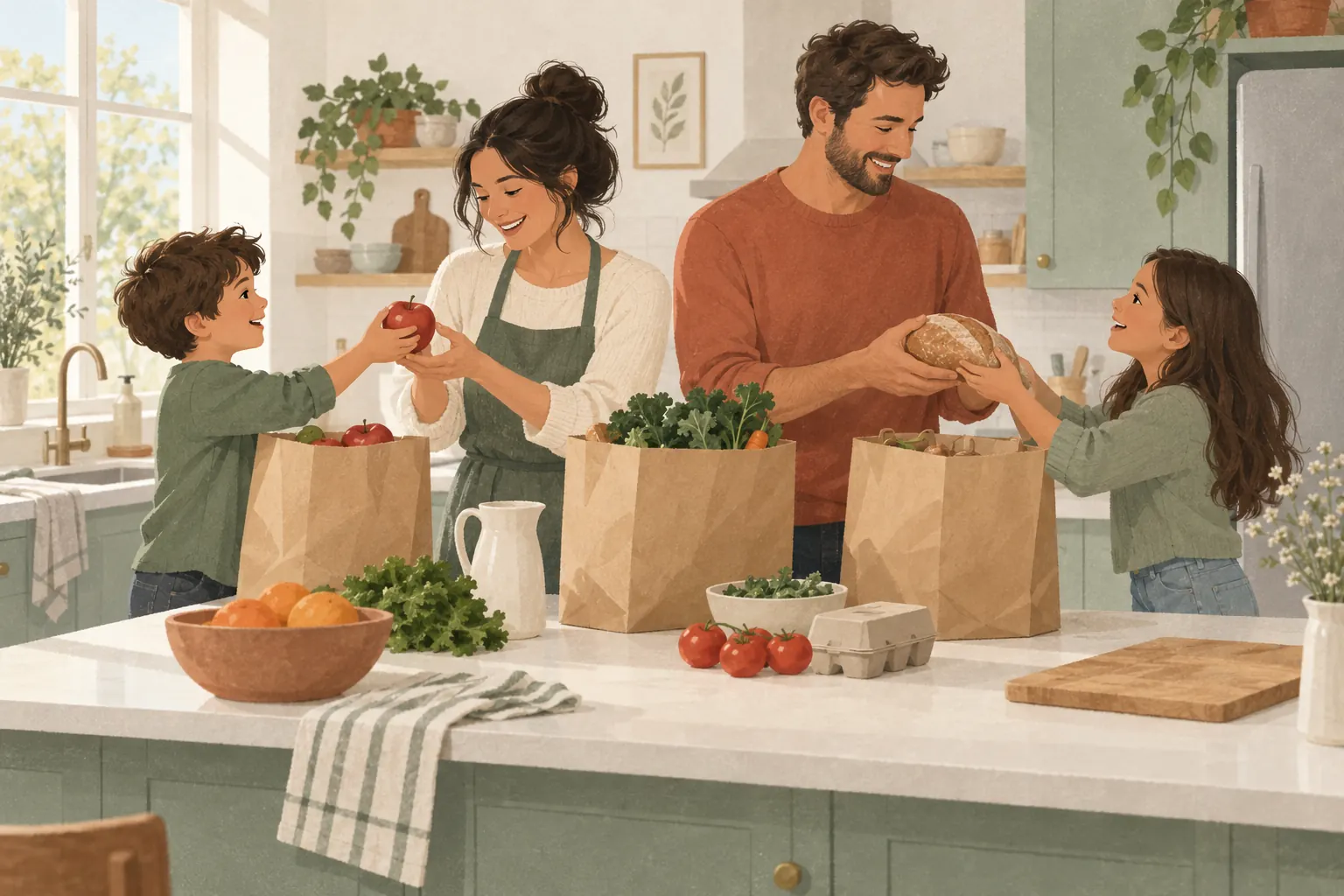 A family of four putting away groceries in a kitchen, two children handing apples and a loaf of bread to their parents at the counter