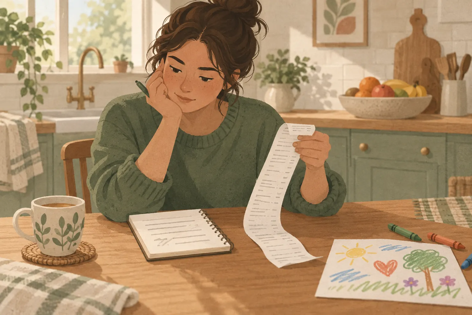 A parent comparing a long grocery receipt with a handwritten weekly budget on a notepad at a kitchen table, a child's drawing beside it
