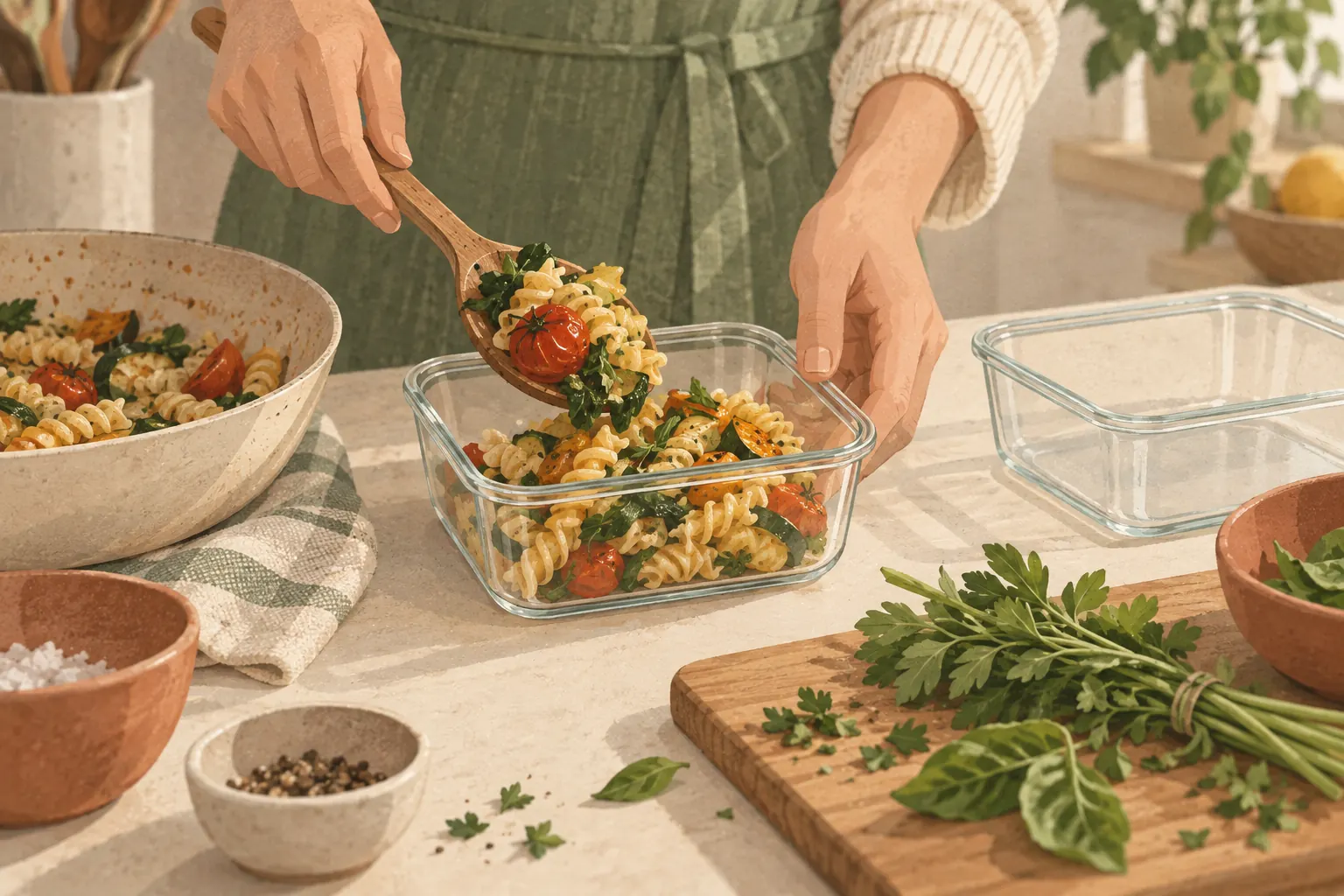 A single portion of leftover pasta being spooned into a glass container, with a second empty container and fresh herbs on a cutting board