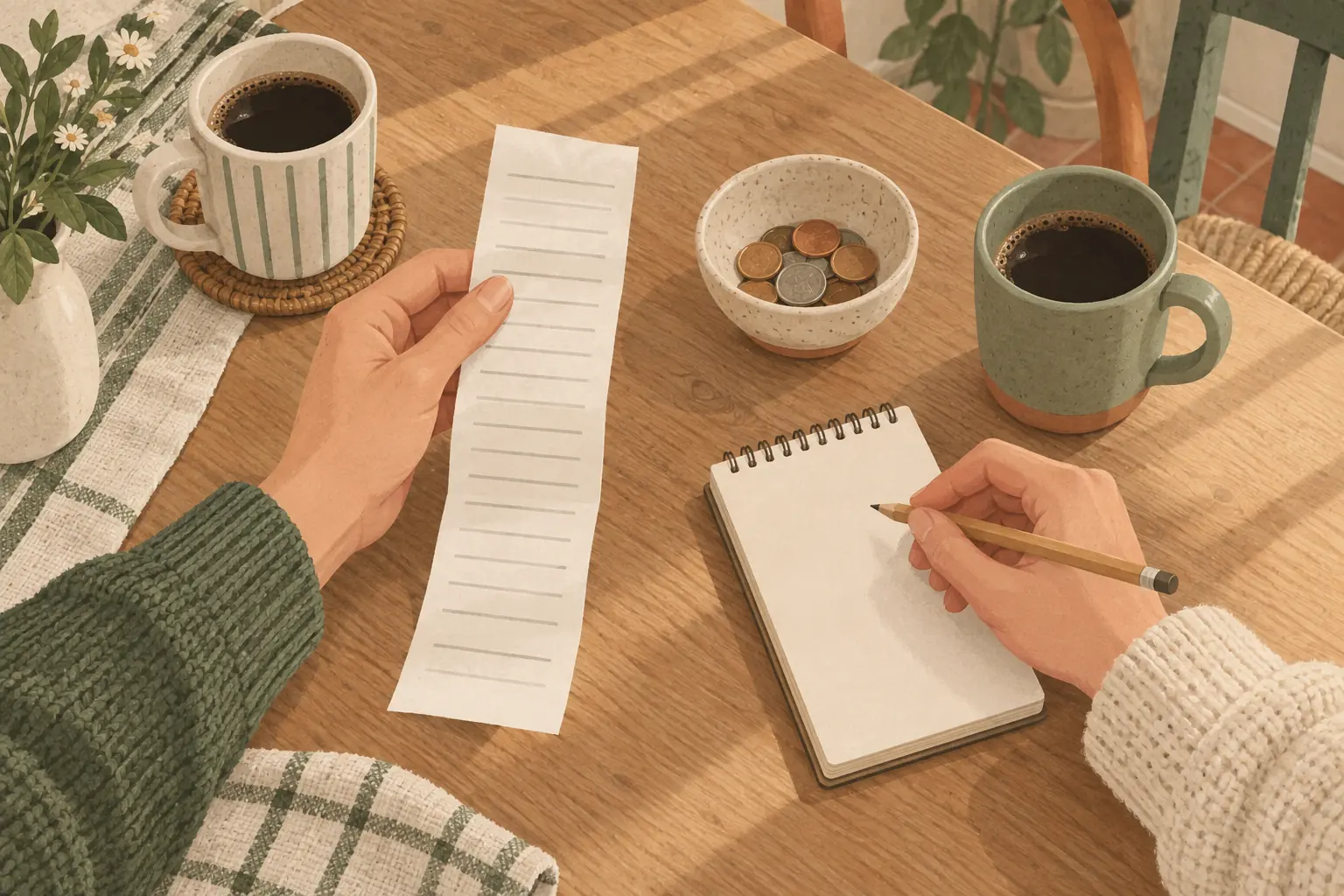 One person holding a long grocery receipt while another writes on a notepad, with two mugs of coffee and a bowl of coins on a kitchen table
