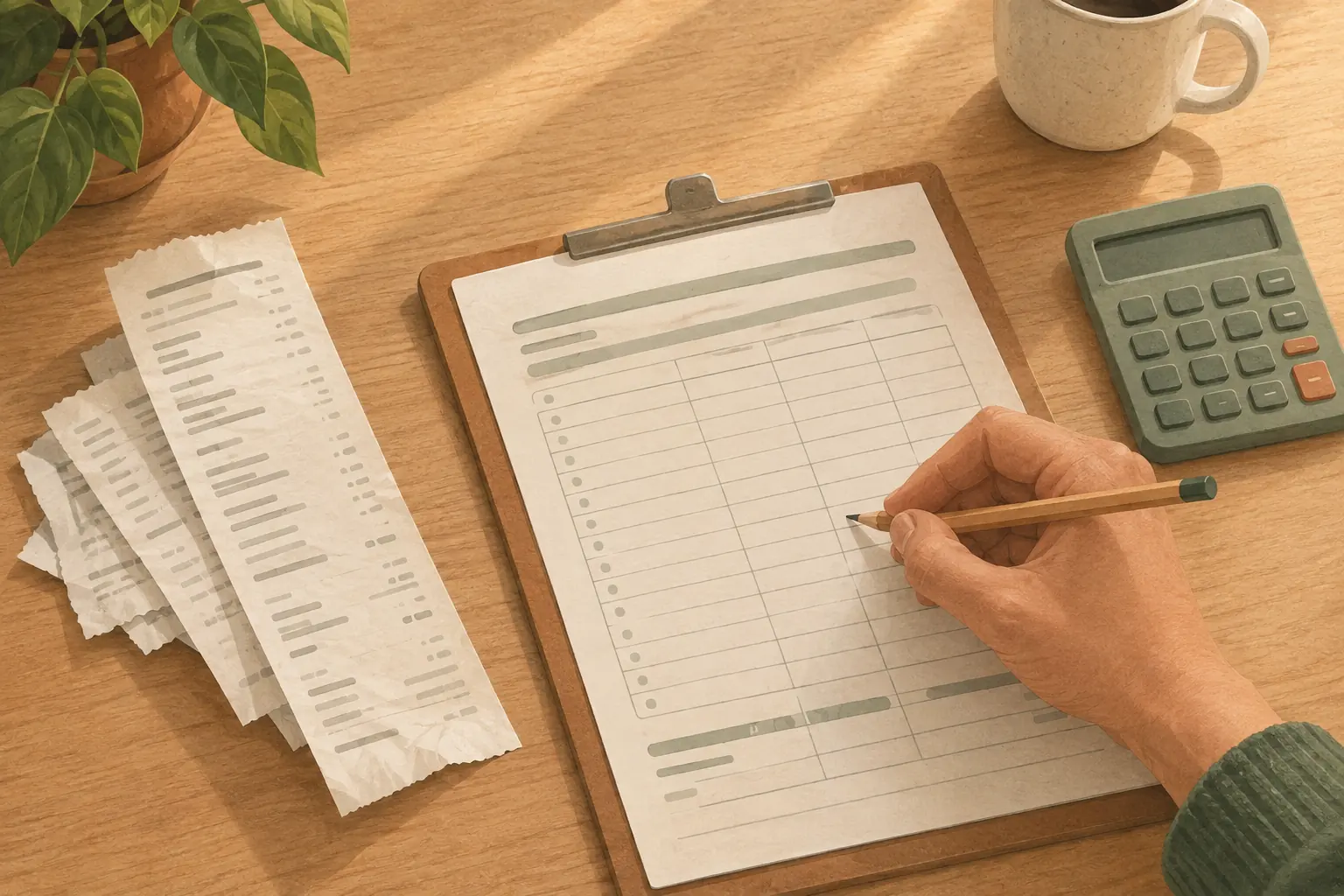 A hand writing a line on a printed grocery budget sheet next to a long paper receipt and a calculator