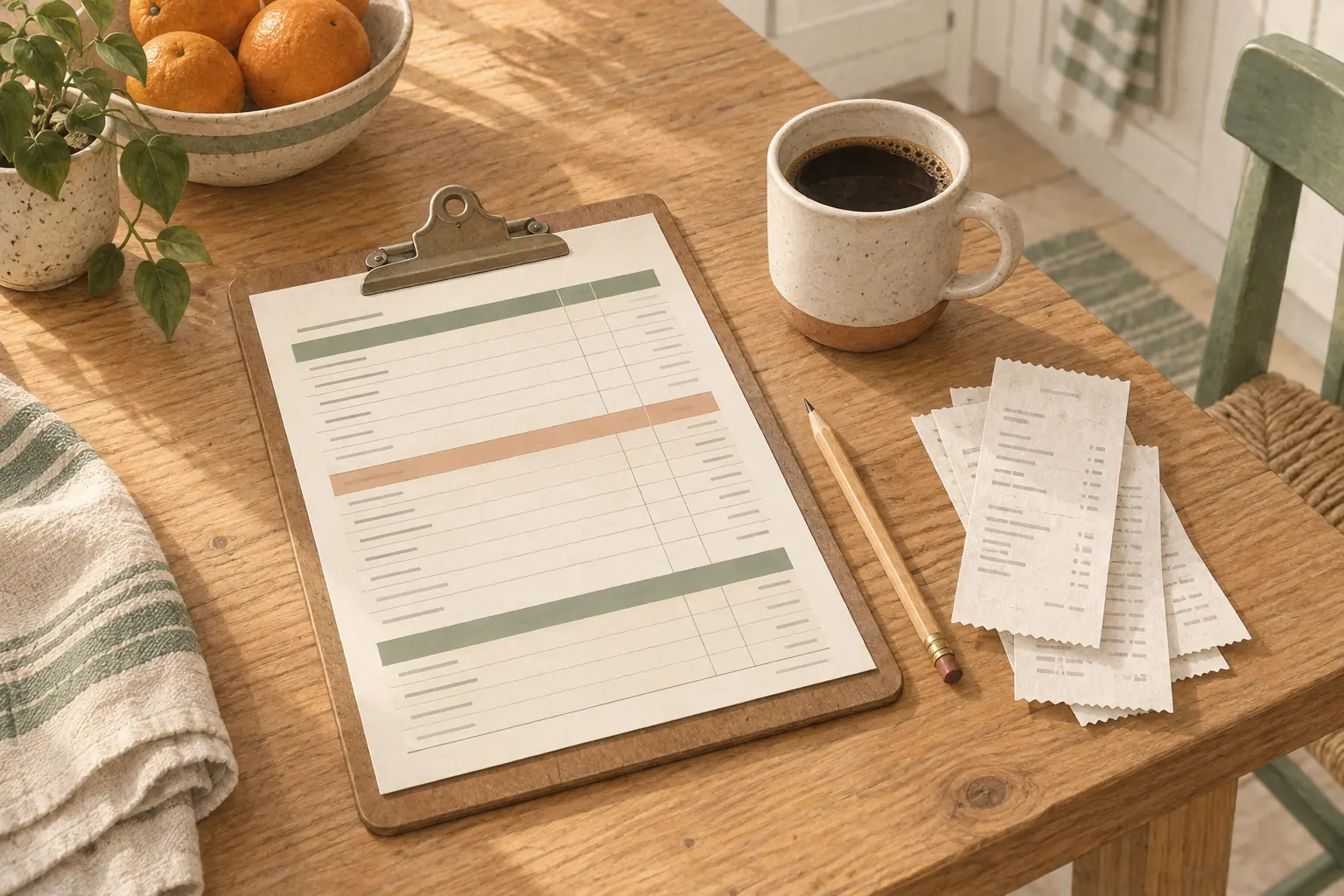 A monthly grocery budget sheet on a clipboard beside a small stack of receipts, a pencil and a mug on a kitchen table