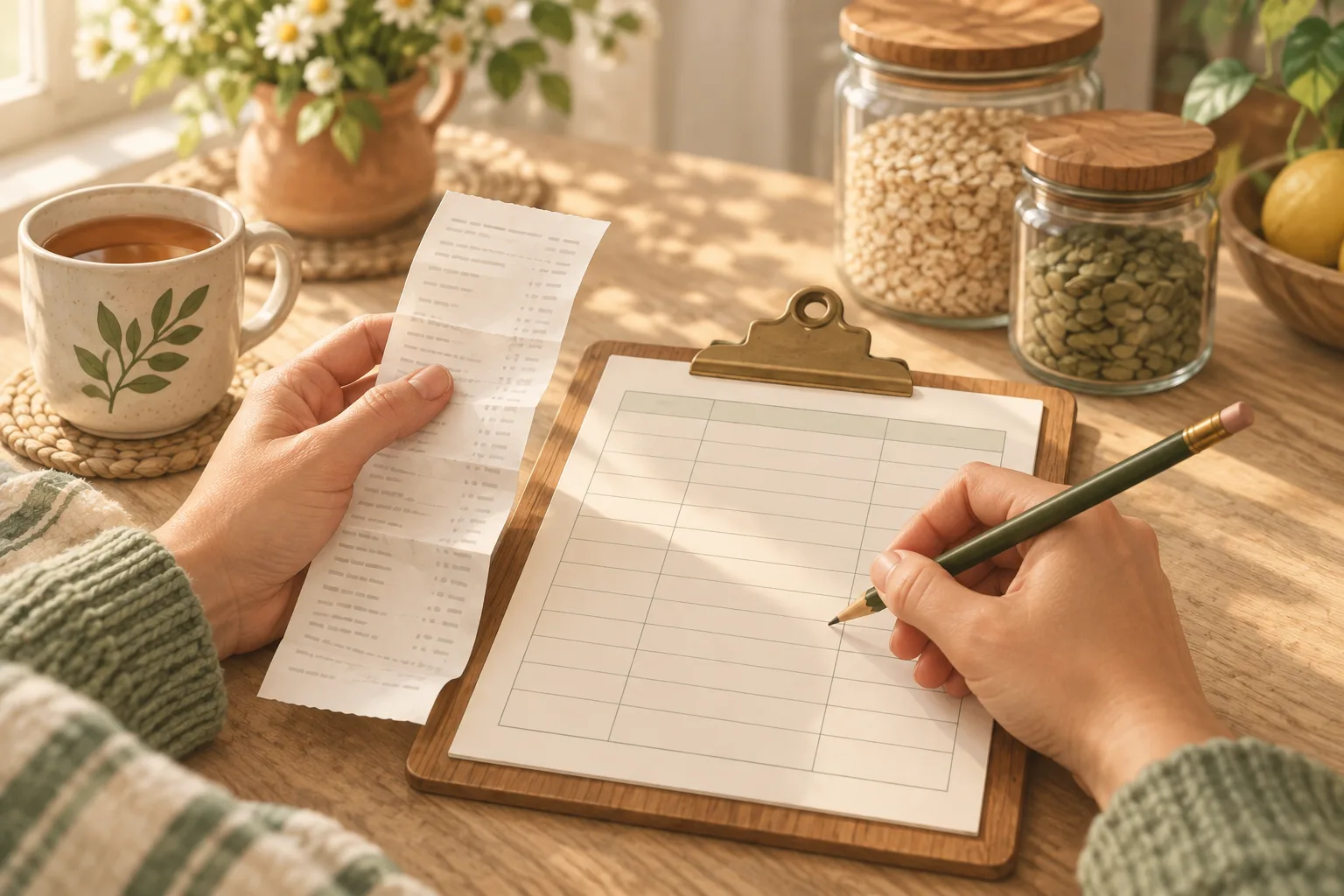 Hands copying an item, its size and its price from a grocery receipt onto a printed price book sheet