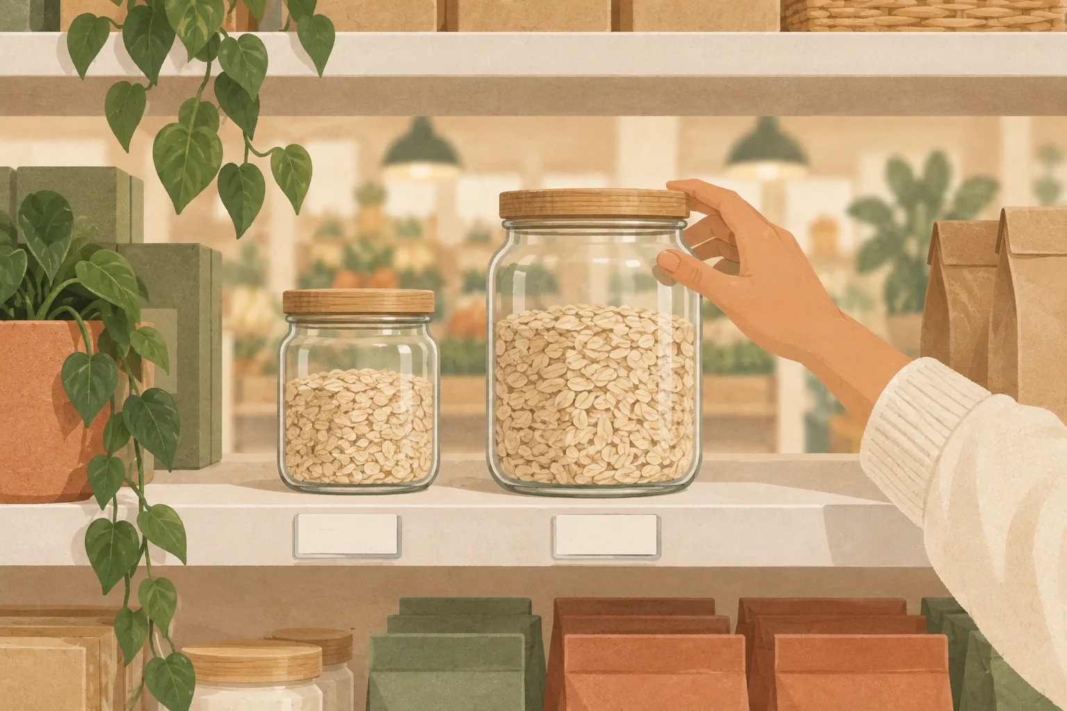 Two sizes of the same jar standing side by side on a shop shelf, with a shopper reaching for the larger one