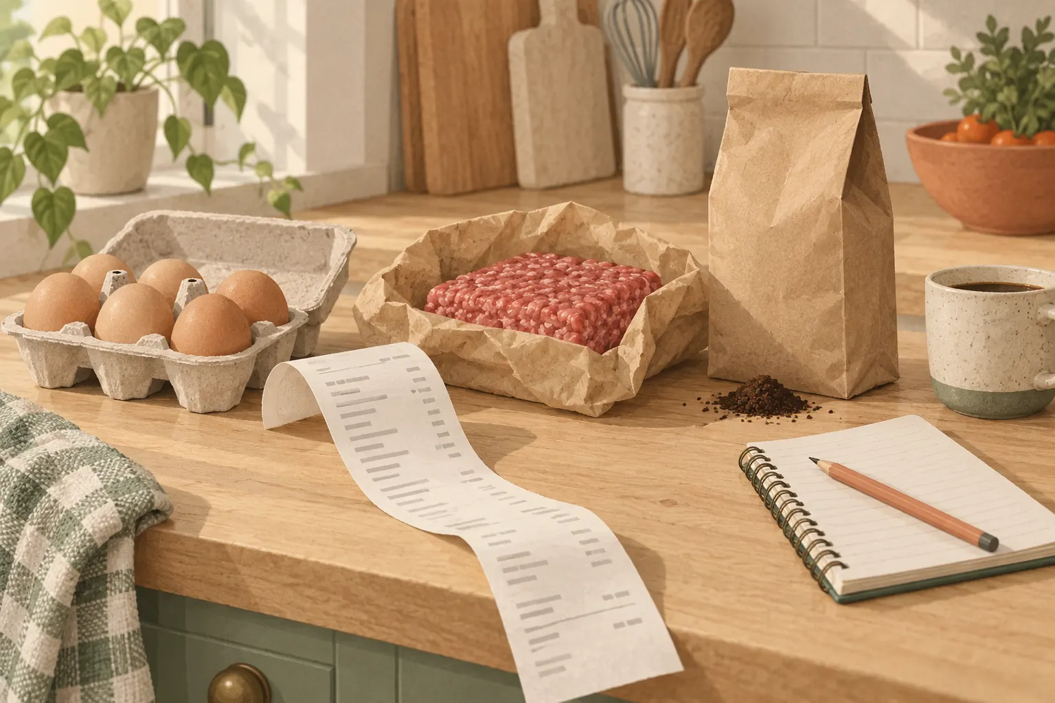 A grocery receipt beside a carton of eggs, a pack of ground beef and a bag of ground coffee on a kitchen counter