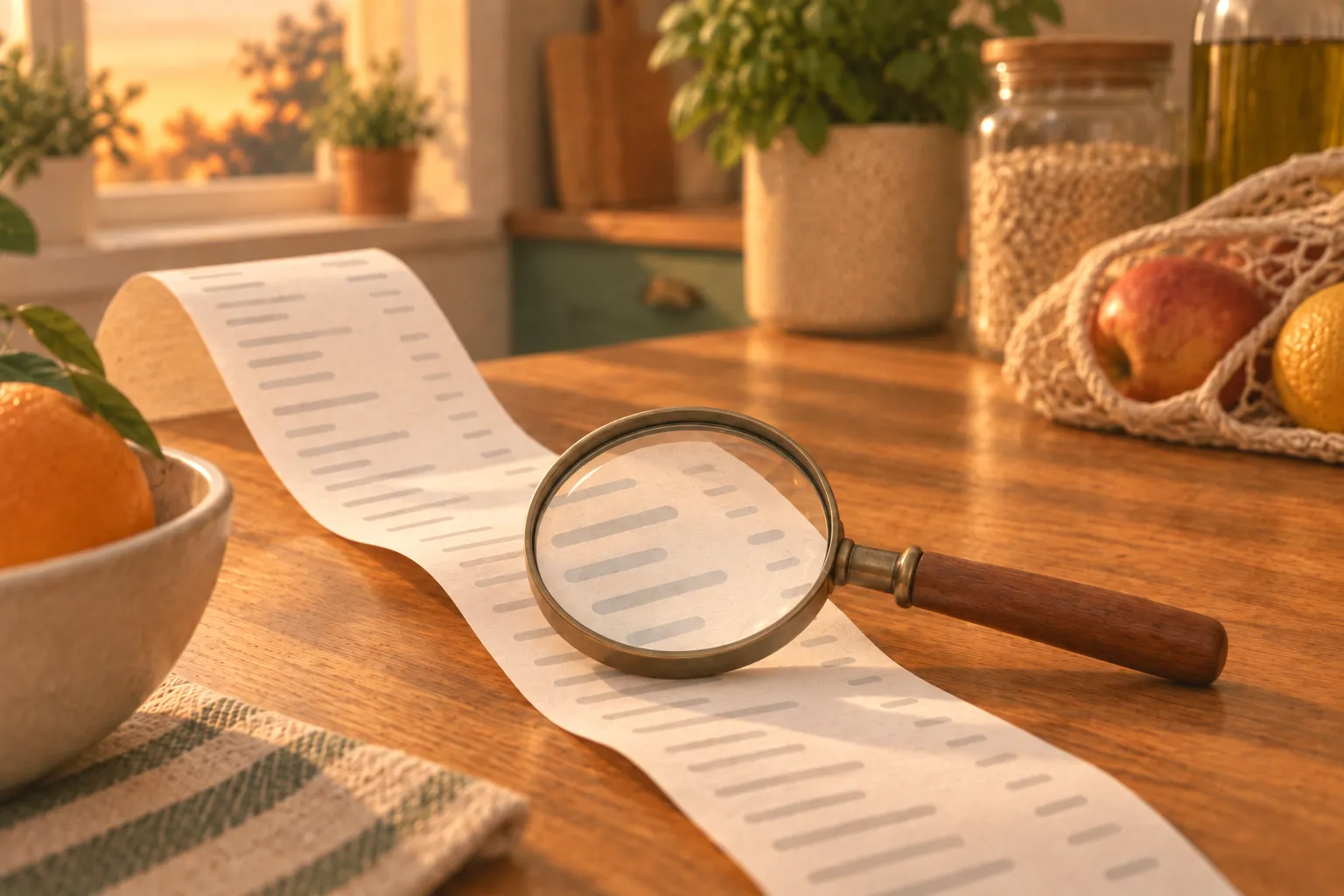 A long grocery receipt on a kitchen counter with a magnifying glass resting on the printed lines