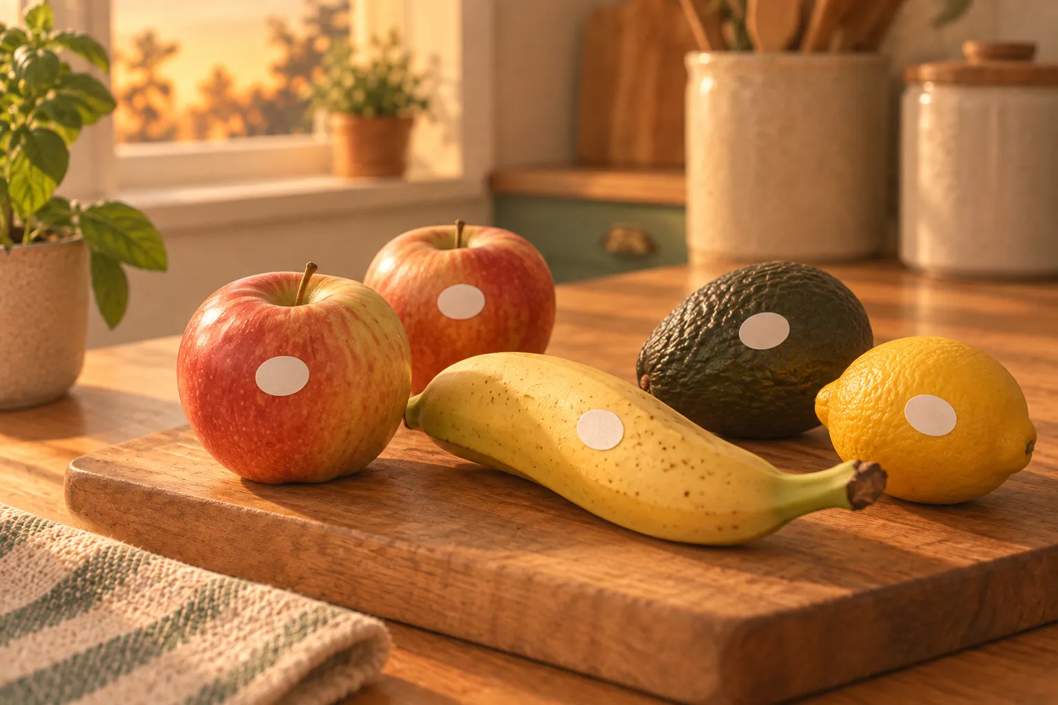 Apples, a banana, an avocado and a lemon, each with a small PLU sticker