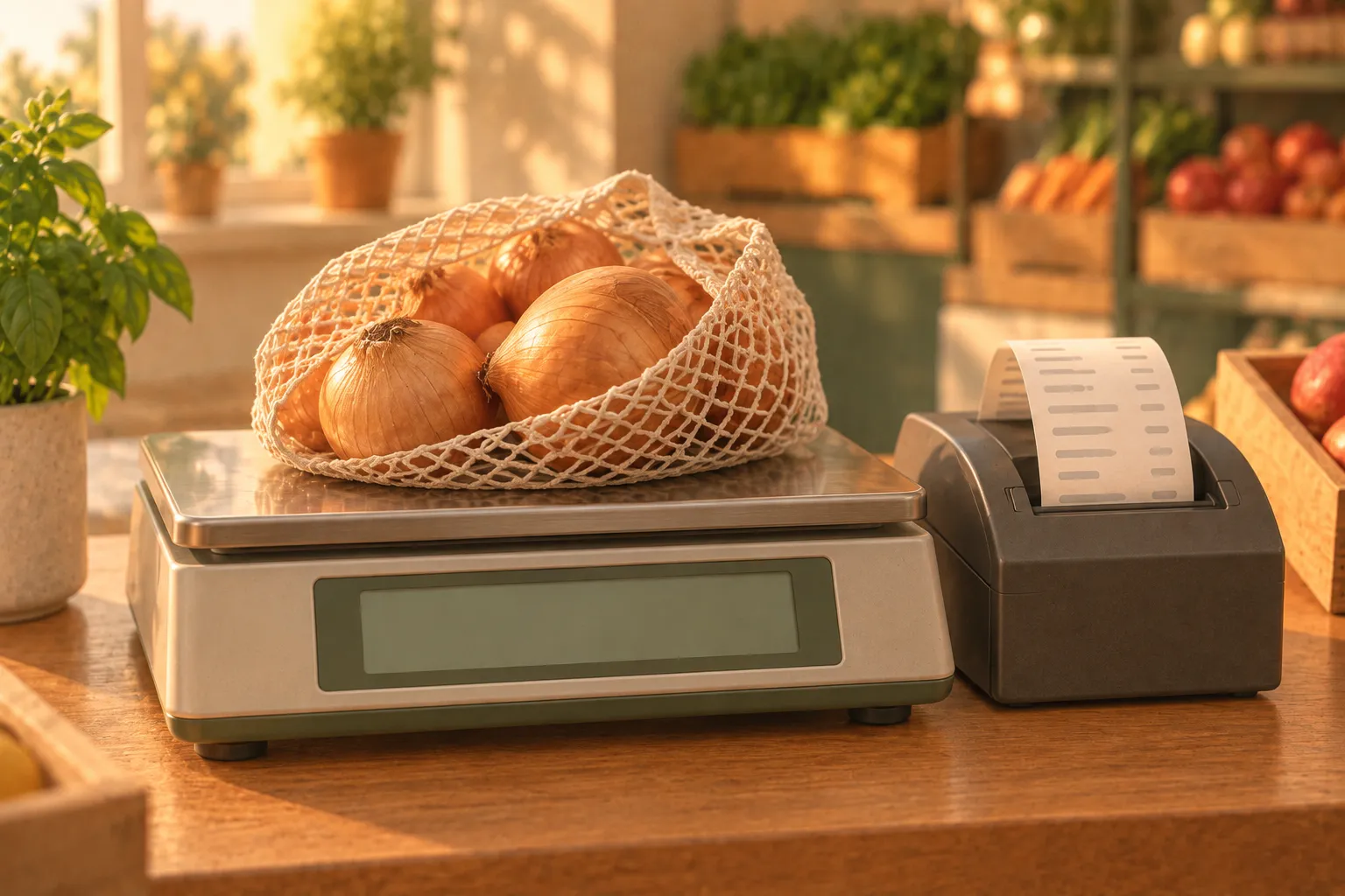 Loose onions on a checkout scale next to a register printing a receipt