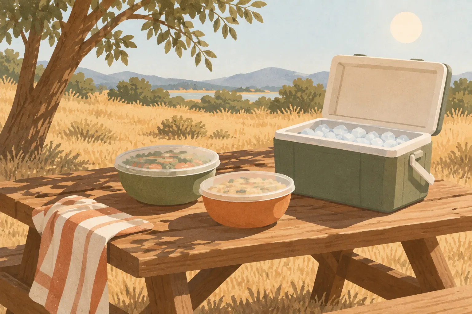 A wooden picnic table in open sunlight with two covered bowls of food and an open cooler box full of ice beside them