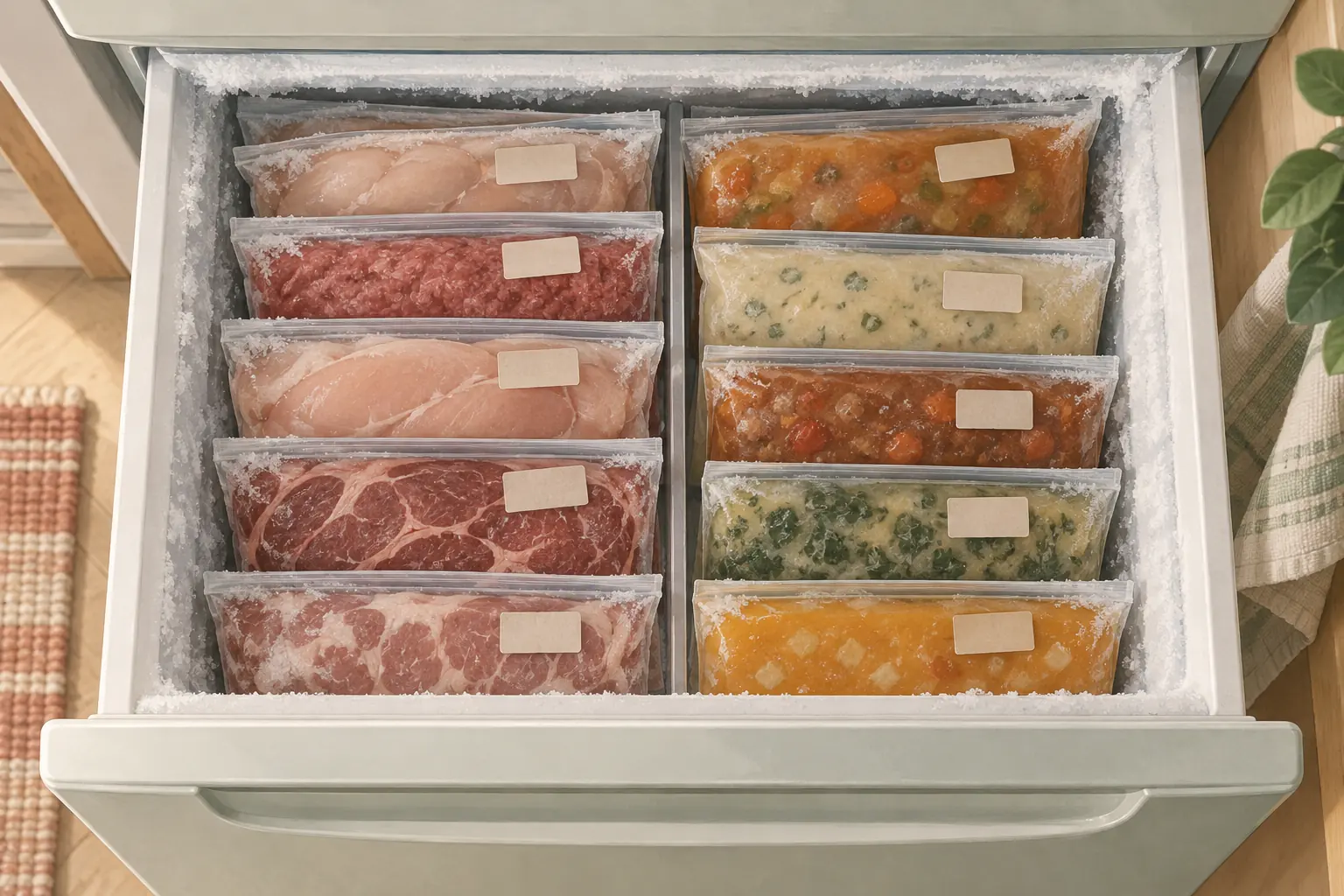 Freezer bags of portioned meat and soup filed upright in a frosty freezer drawer, each with a blank label