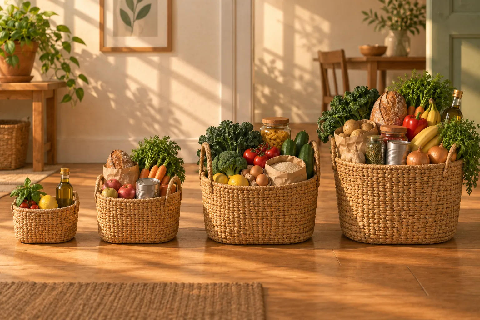 Four grocery baskets growing from a small one to a full one, for households of one to four people