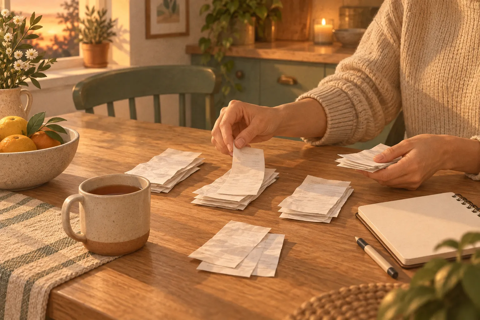 Hands sorting grocery receipts into piles beside a notebook to work out a monthly grocery budget