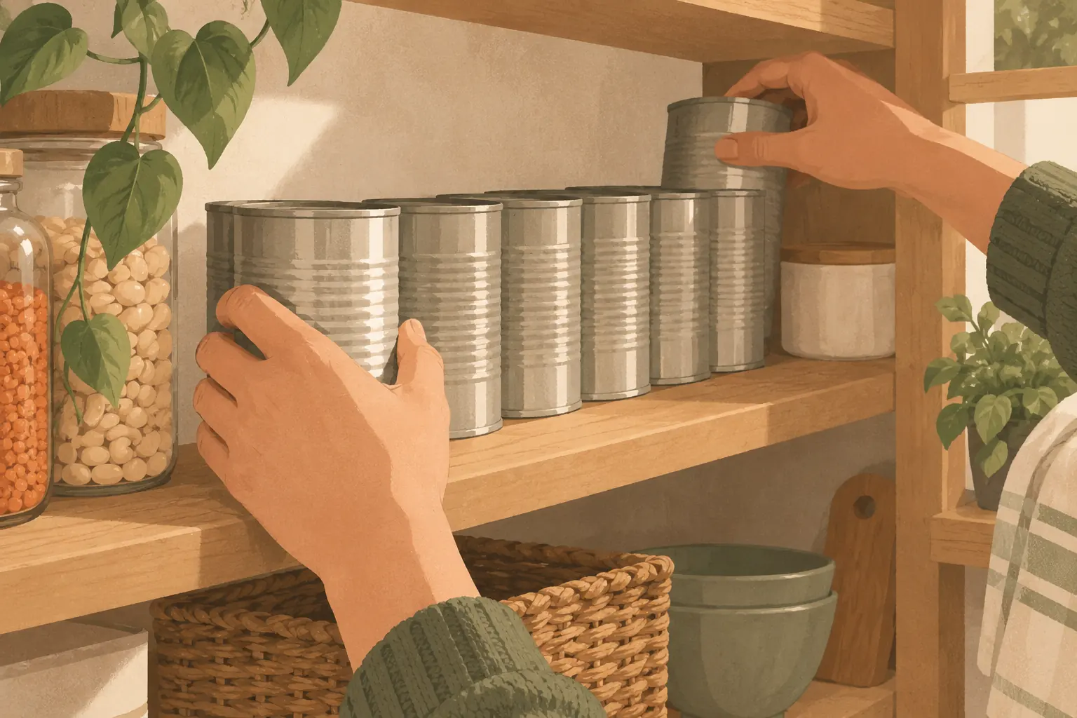 One hand pulling a can to the front of a row of cans on a pantry shelf while the other adds a new can at the back