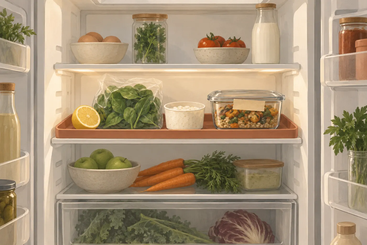 An eye-level fridge shelf set apart for food to eat first: half a lemon, spinach, ricotta and a container of leftovers