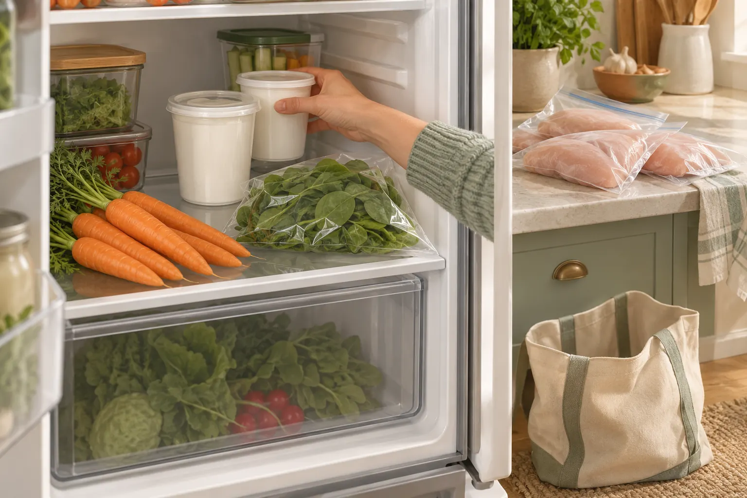 Groceries being put away first in, first out: new yogurt placed behind the older one on a fridge shelf