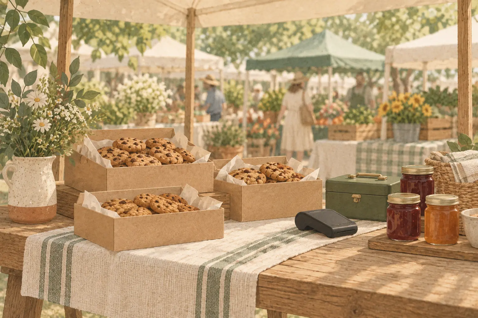 A small farmers market stall with boxes of homemade cookies and jars of jam on a wooden table under a canvas canopy