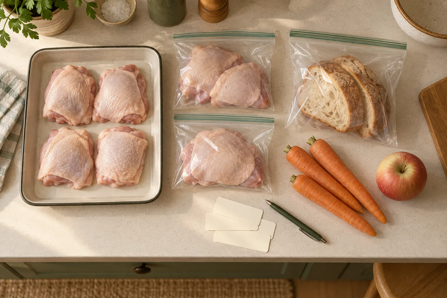 Chicken thighs split into single freezer bags beside half a loaf of bread, loose carrots and one apple, for one person