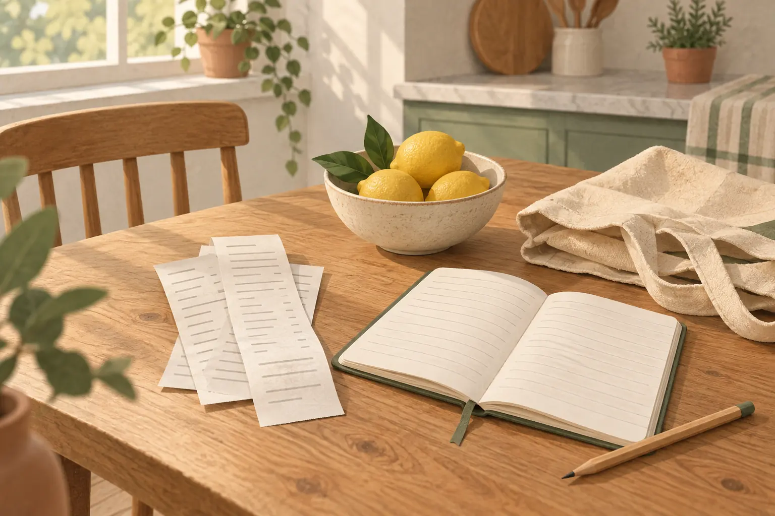 A kitchen table with a stack of grocery receipts, a notebook, a pencil and a small bowl of lemons, next to a canvas shopping bag