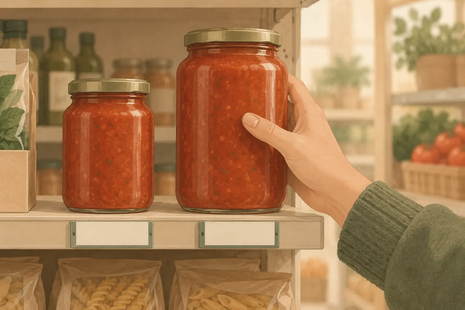 A shopper's hand taking the larger of two sizes of the same jar from a grocery shelf, above two blank shelf tags