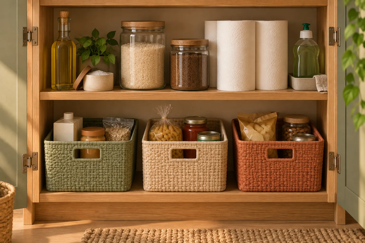 A shared pantry shelf of staples like oil, salt, rice and dish soap, with labeled personal bins below it