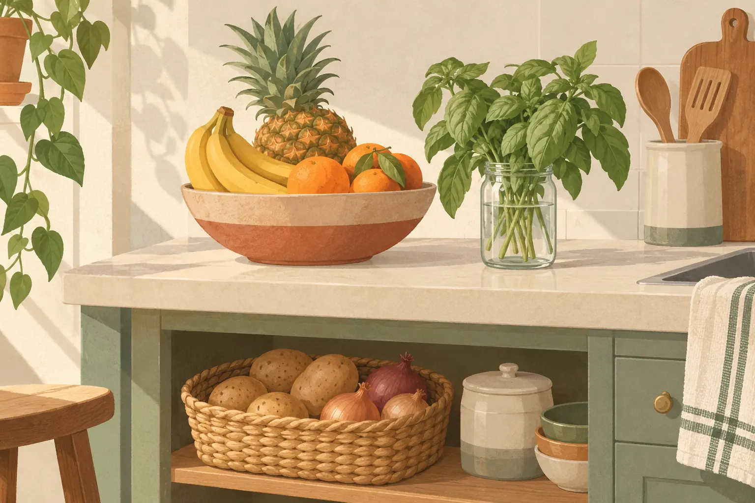 A fruit bowl of bananas, oranges and a pineapple beside a jar of basil in water and a basket of potatoes and onions on a pantry shelf