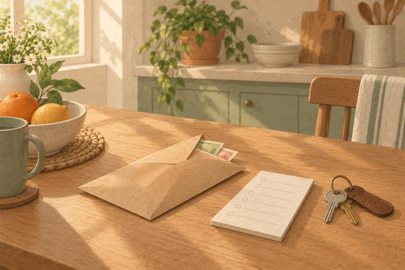 Cash envelope for groceries on a kitchen table beside a shopping list and keys