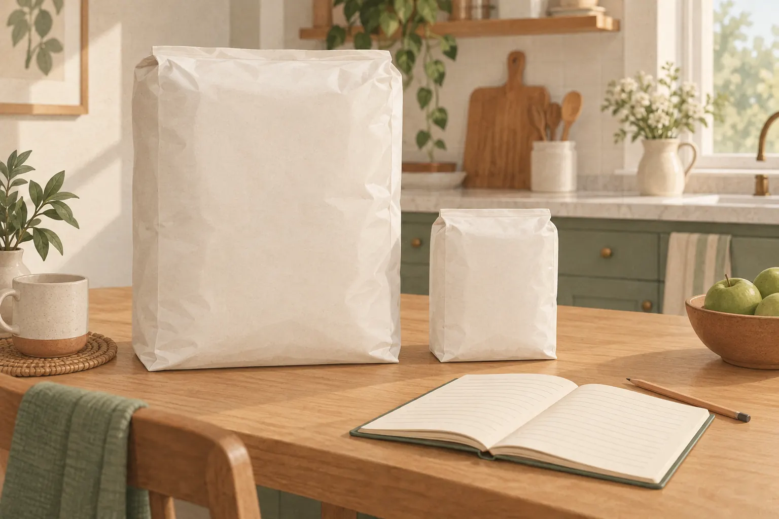 A large warehouse-size bag and a small supermarket bag of the same plain product side by side on a kitchen table, with an open notebook and pencil