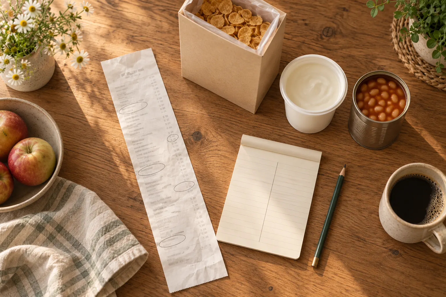 Checking Instacart prices against an in-store receipt: circled receipt lines, a notepad and a few packaged groceries