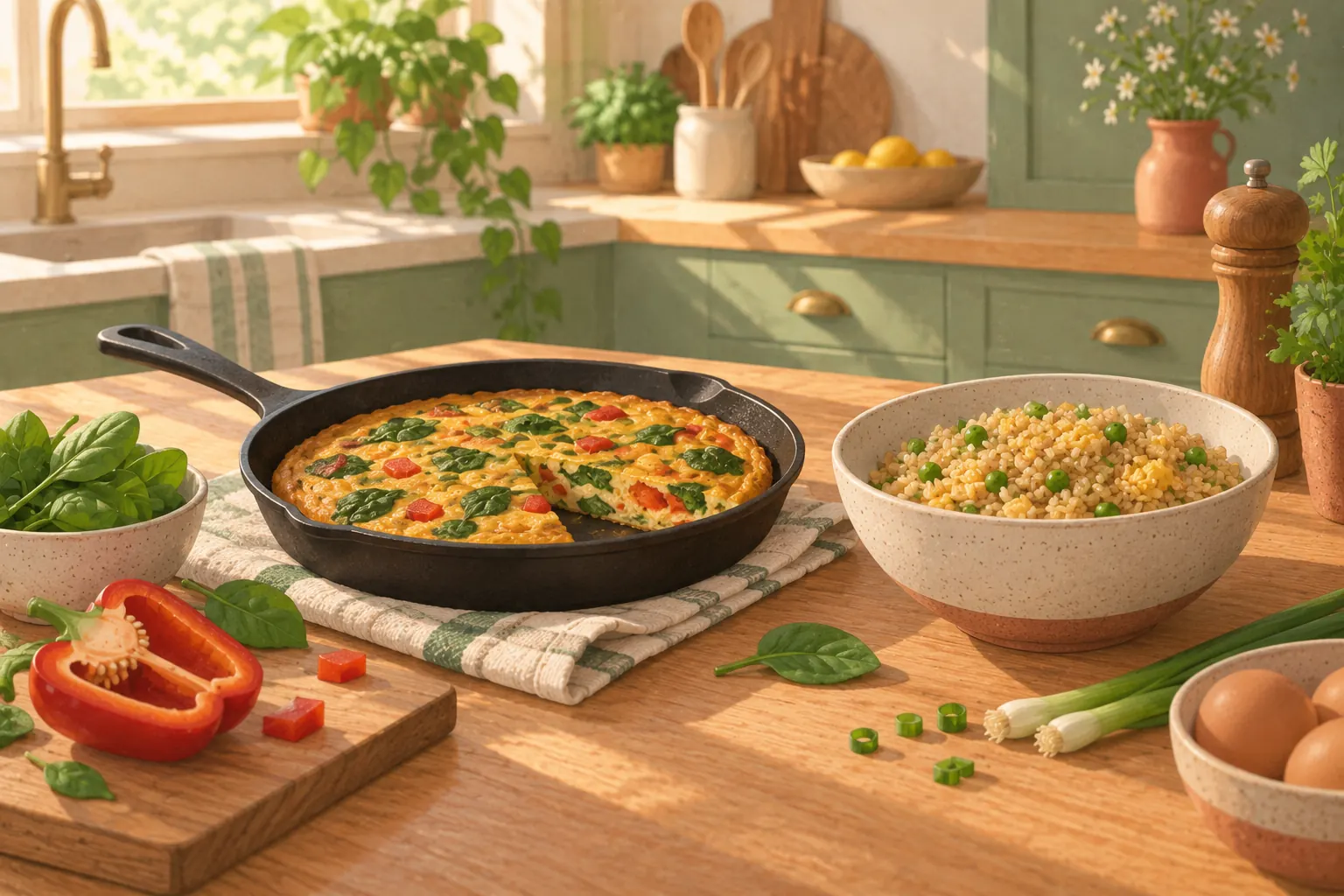 A frittata with spinach and red pepper in a cast-iron pan next to a bowl of fried rice with peas and egg