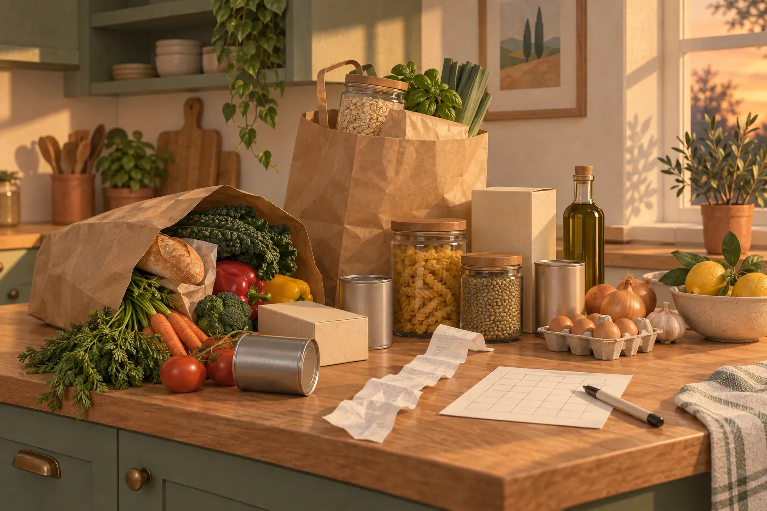 Unpacked grocery bags and a crumpled receipt next to a half-filled pantry inventory sheet