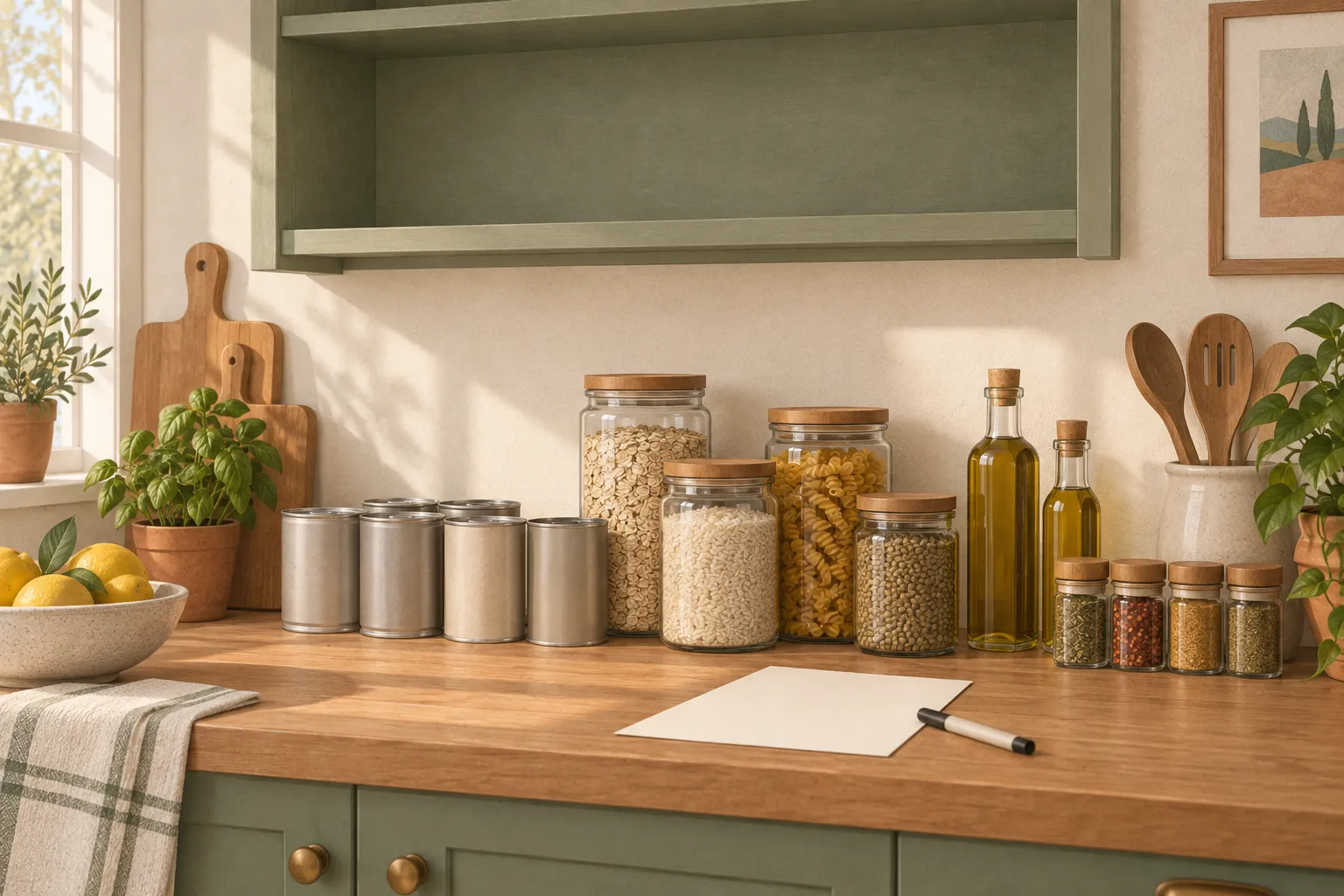 Pantry food sorted into groups on a kitchen counter during a first inventory, with one shelf emptied and wiped