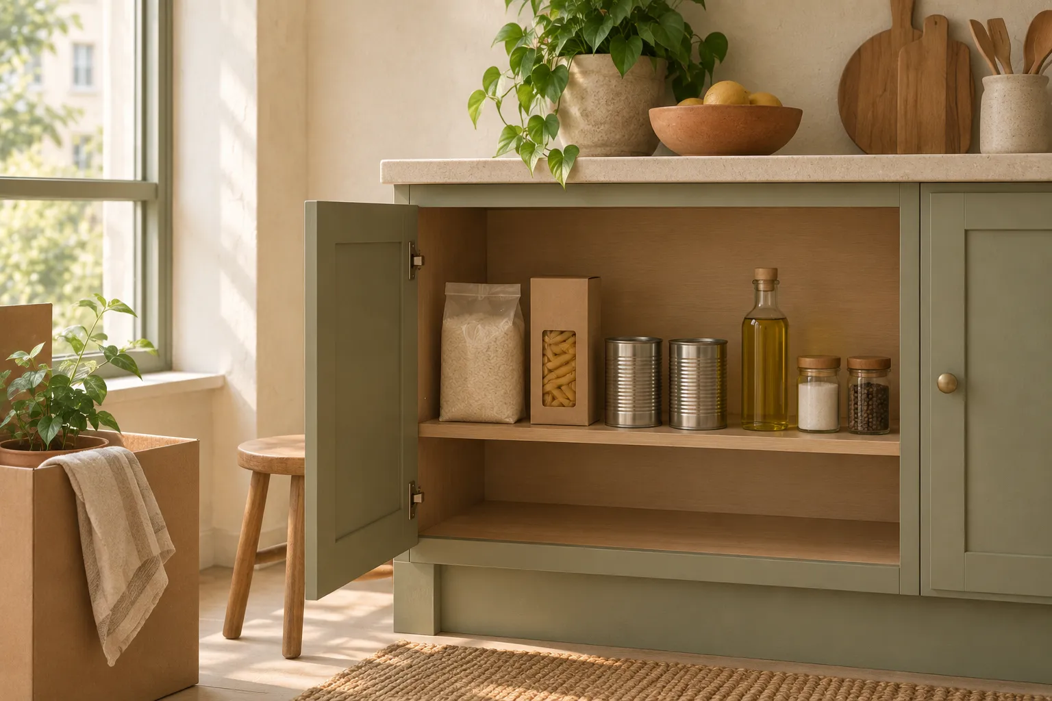 Small kitchen cabinet in a new apartment with a first shelf of rice, pasta, cans, oil, salt and pepper